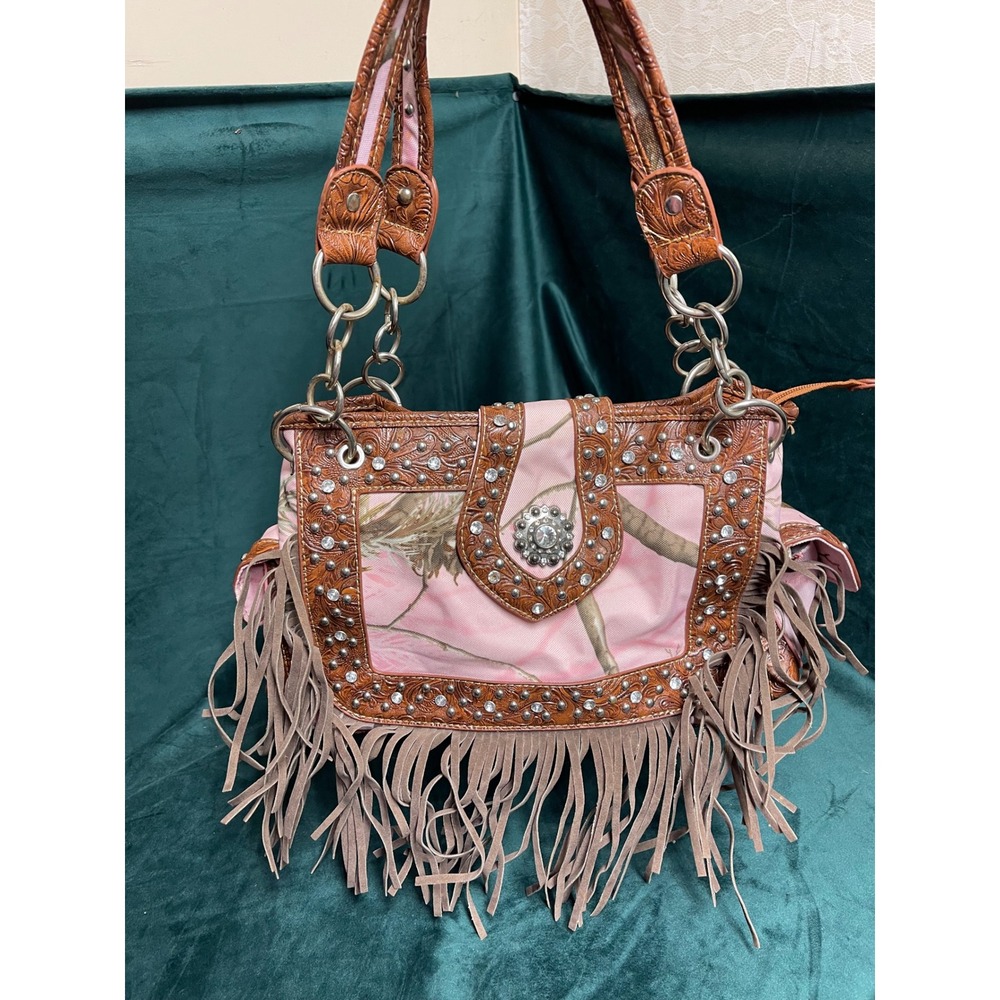 Pink Camo Western Fringe Shoulder Bag Rhinestone Tooled Leather Trim Purse